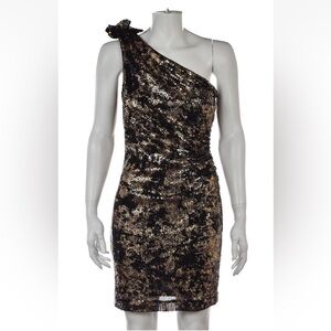 One Shoulder Black and Gold Sequin Dress Badgely Mischka